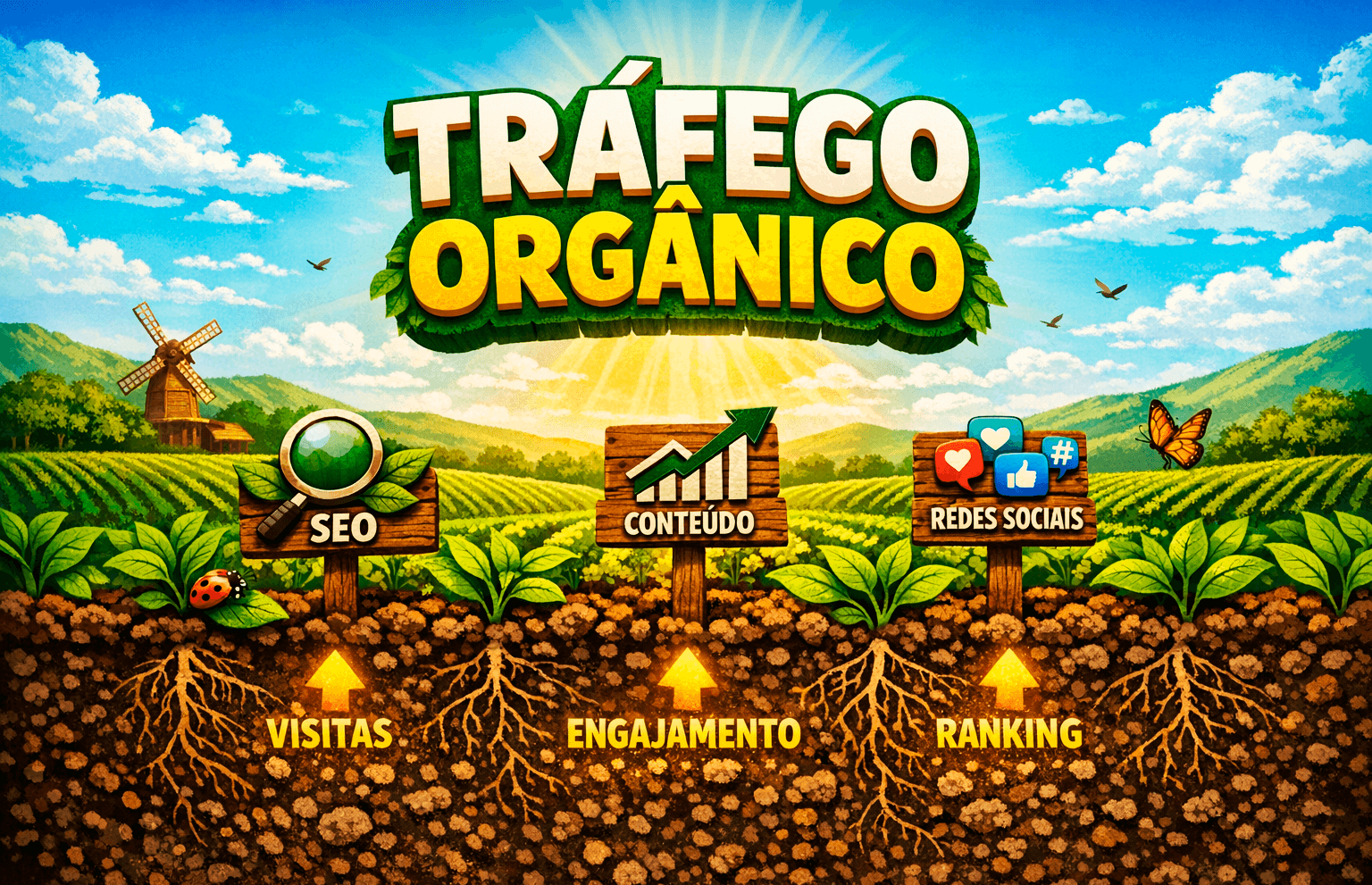 Banner criativo e informativo sobre o que é tráfego orgânico, sobre seo, conteúdo, redes sociais e ranking