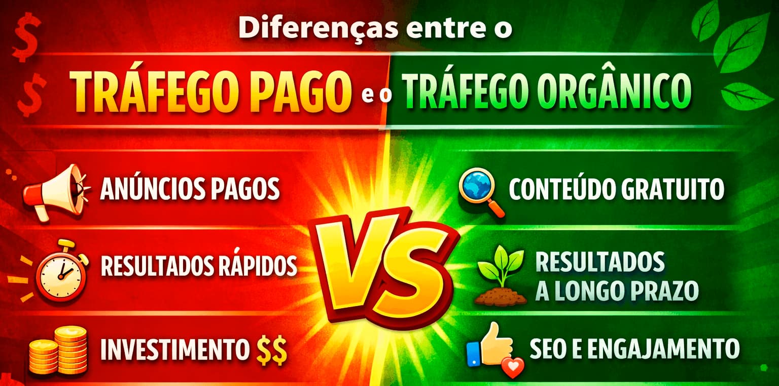 Marketing sobre tráfego pago e tráfego orgânico em diferenças de anúncios e conteúdos gratuito