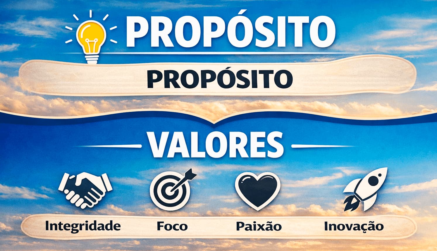Marketing e introdução ao branding sobre propósito e valores, integridade, foco, paixão e inovação