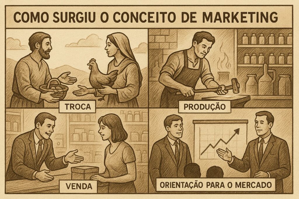 Como surgiu o conceito de marketing, orientação para o mercado, troca, venda e promoção
