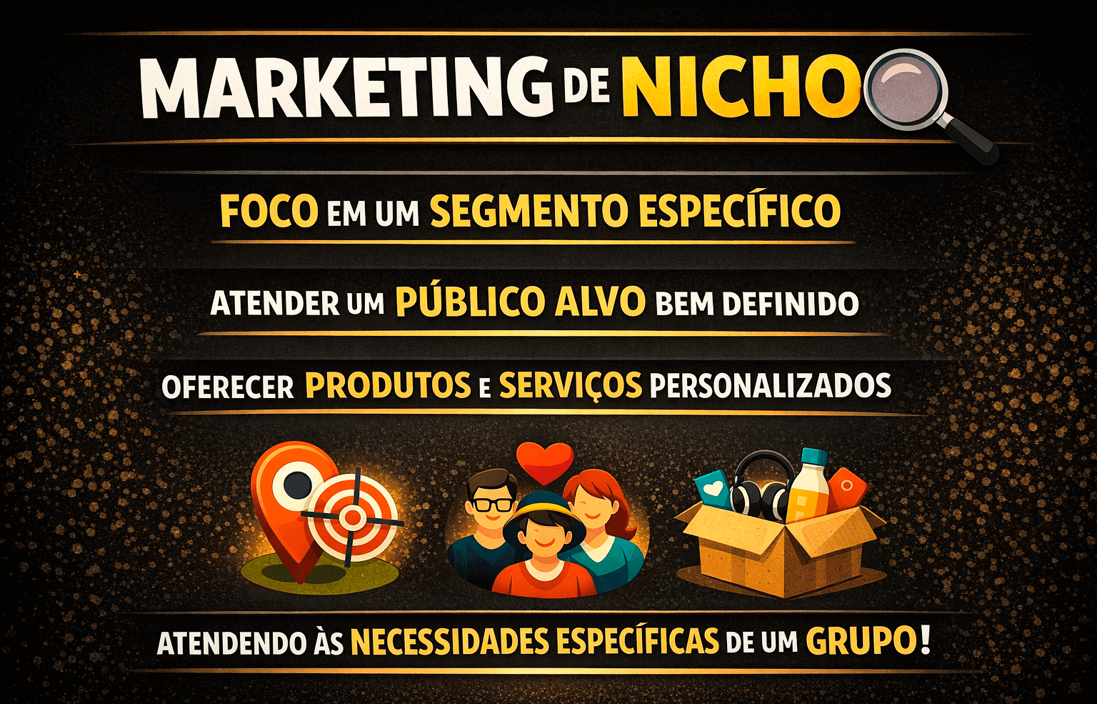 Definição sobre marketing de nicho, foco em segmento específico, atender um público alvo bem definido
