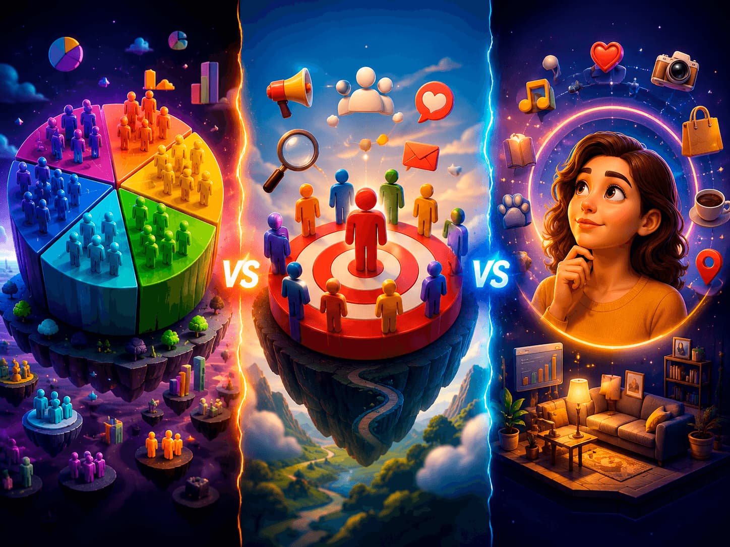 Marketing e arte animada sobre segmentação de público alvo vs persona