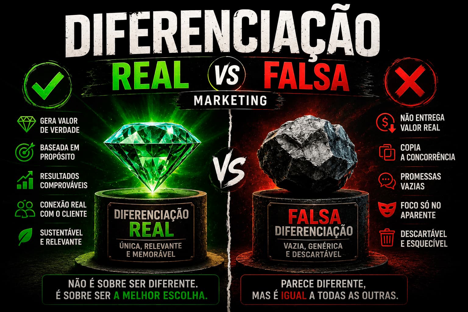 Marketing estudando sobre as diferenças sobre diferenciação real vs falsa
