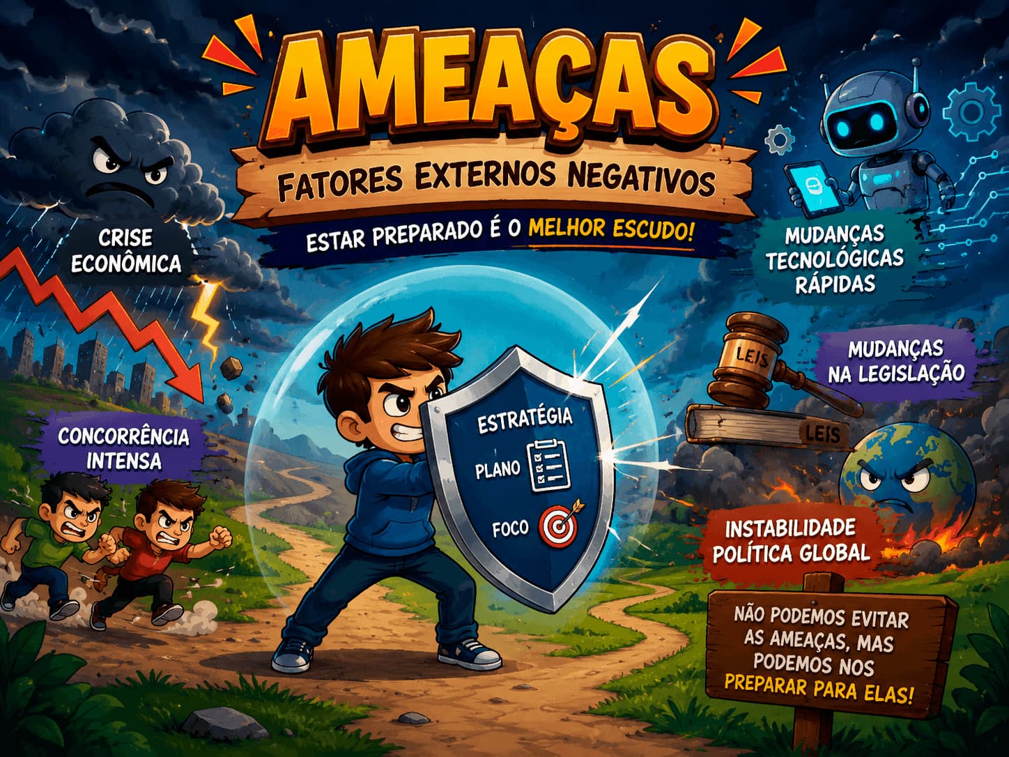 Marketing sobre SWOT e ameaças fatores internos negativos, infográfico animado