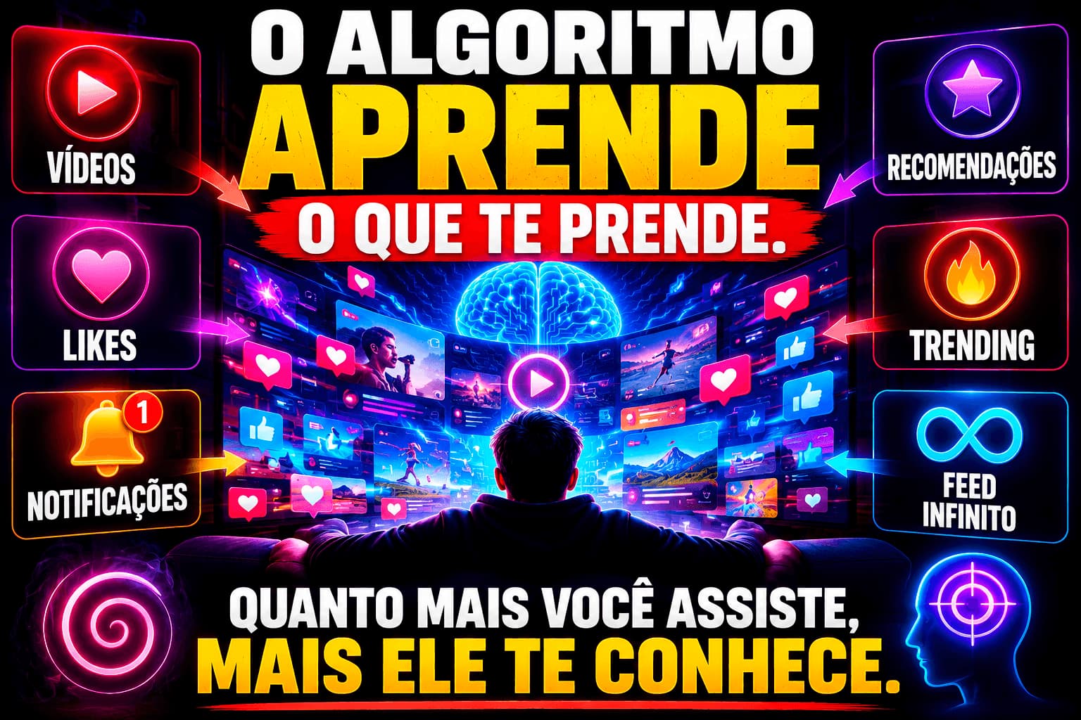 Marketing sobre o algoritmo aprende o que te prende, quanto mais você assiste, mais ele te conhece