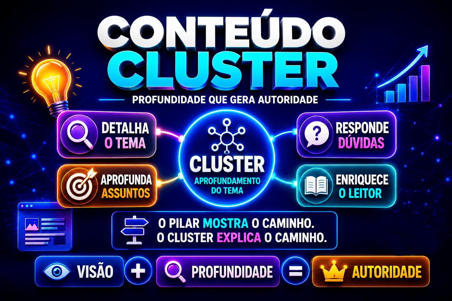 Marketing sobre o conteúd cluster, o pilar mostra o caminho, o cluster explica o caminho