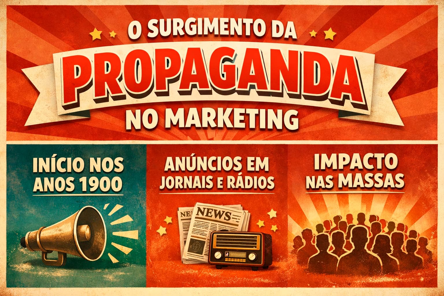 Marketing sobre o surgimento da propaganda, início nos anos 1900, anúncios em jornais e rádios e impacto na massa