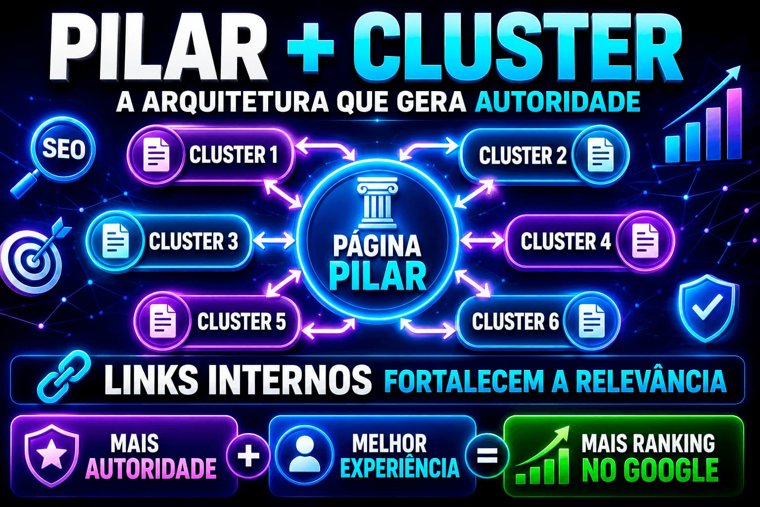 Marketing sobre pilar + cluster e a arquitetura que gera autoridade