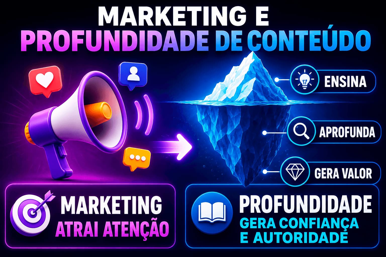Marketing sobre profundidade de conteúdo, marketing atrai atenção e profundidade confiança