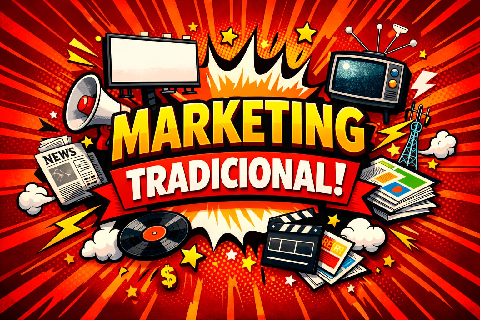 Marketing tradicional banner simples e criativo com cd, tv, fita, jornal