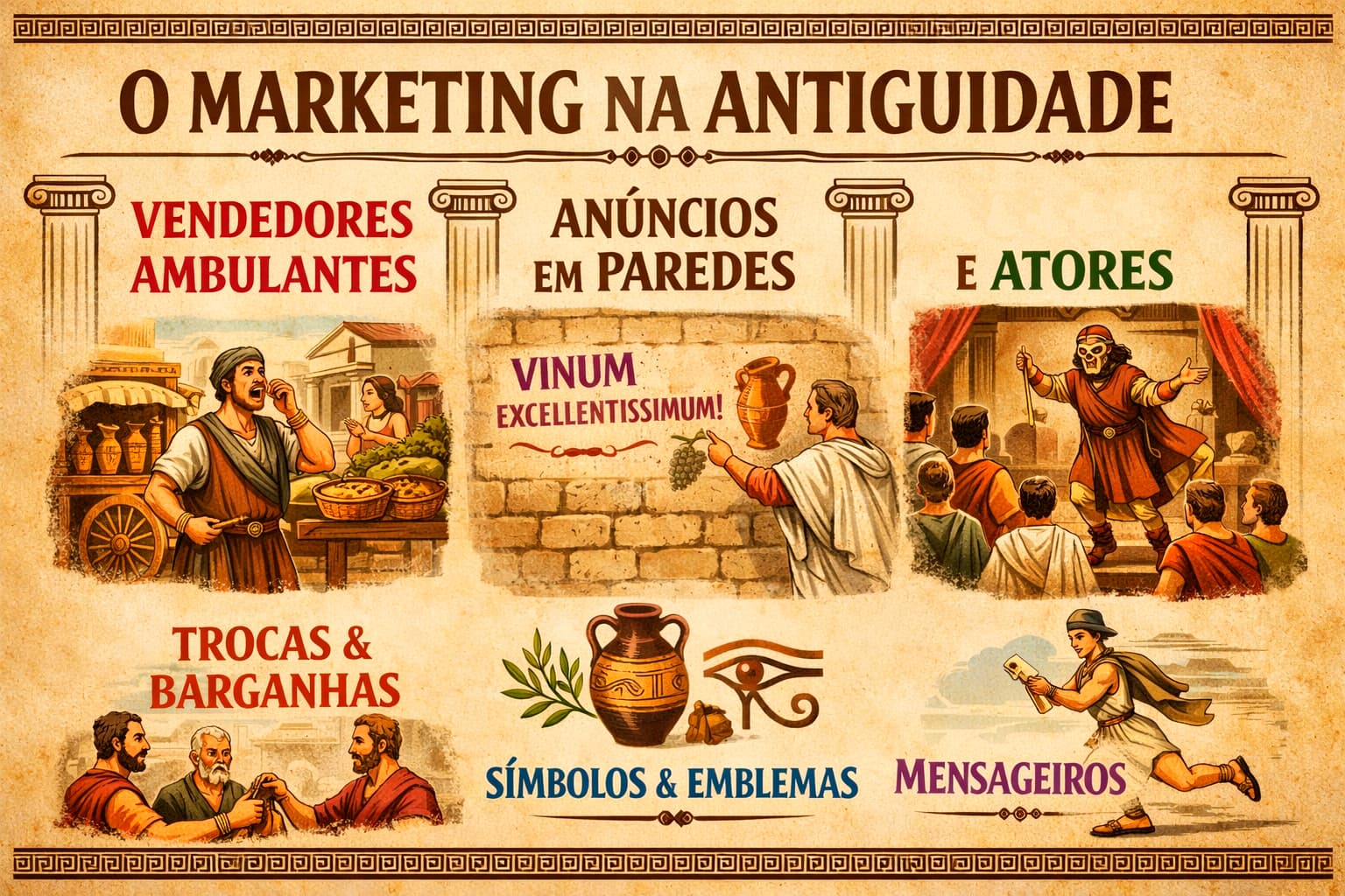 O marketing na antiguidade sobre vendedores ambulantes, anúncios em paredes e atores