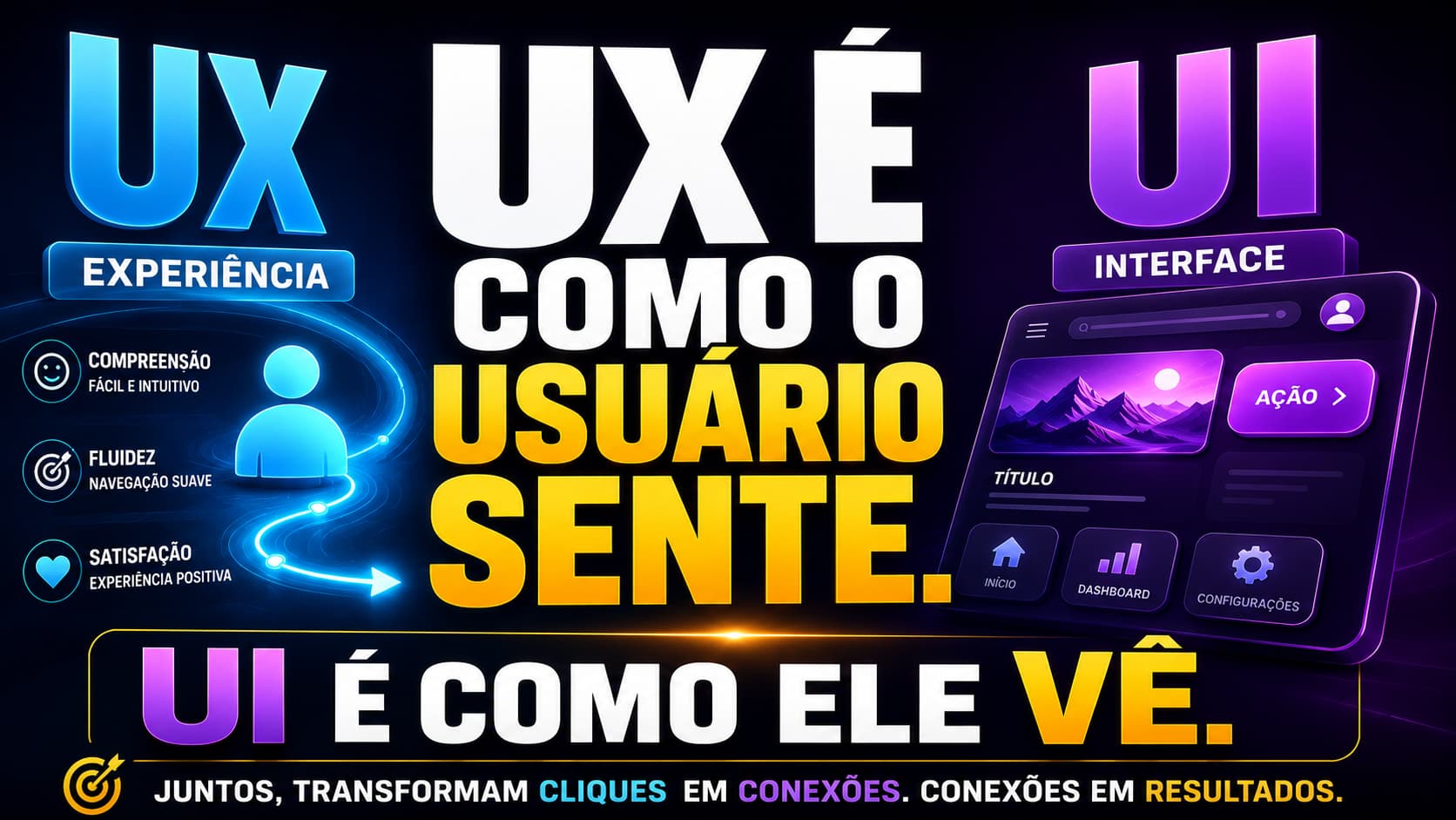 UX e UI, UX é como o usuário sente, UI é como o usuário vê