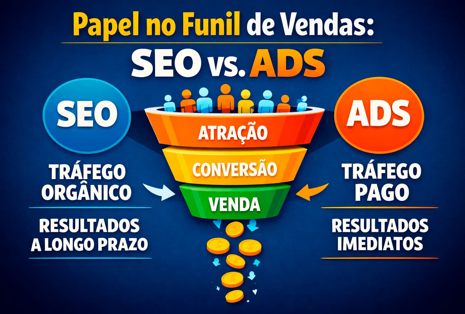 Banner exemplo de papel no funil de vendas seo e sem do marketing, seo vs ads