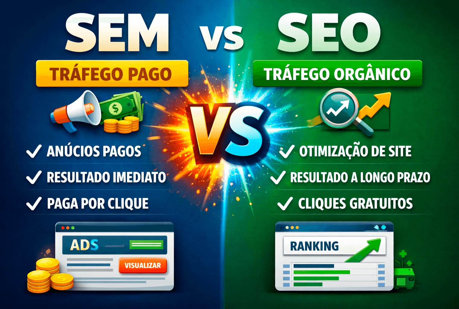 Banner informativo sobre SEM e SEO no marketing